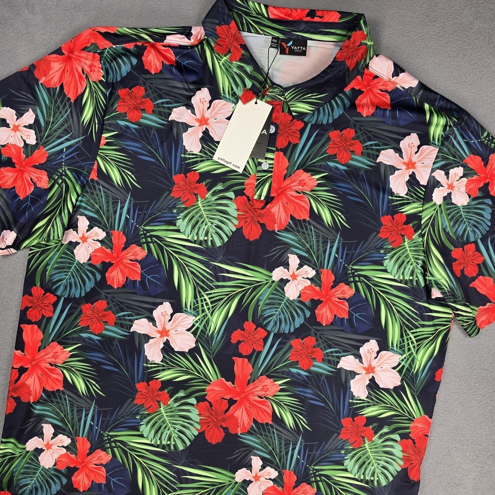 Yatta Golf Polo Shirt Mens 4XL‎ Hawaiian Jungle Hibiscus Floral Golf Performance